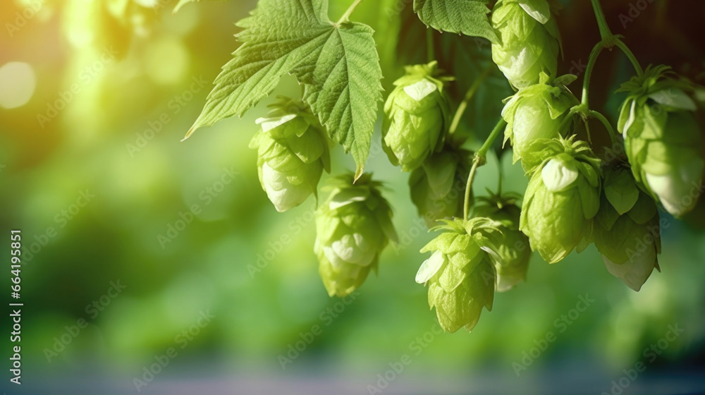 Green fresh hop cones for making beer, bokeh background