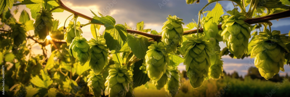 Green hop cones in the hops farm ripe for the harvesting in farm.