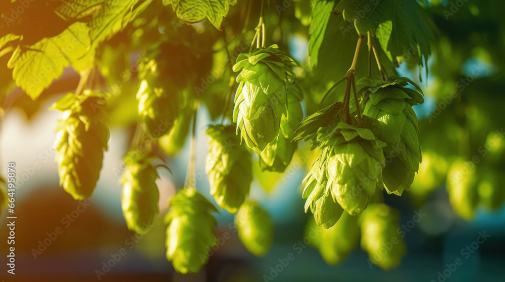 Green hop cones in the hops farm ripe for the harvesting in farm.