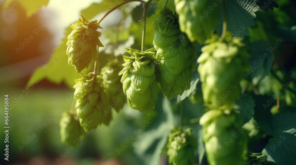 Green hop cones in the hops farm ripe for the harvesting in farm.