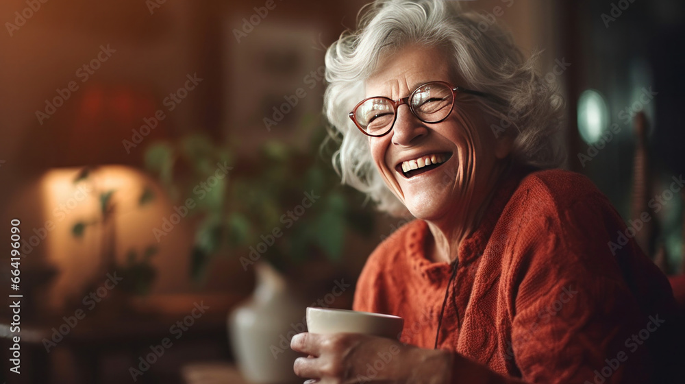 A joyful senior woman enjoying a cup of coffee at home and laughing in an autumn day.