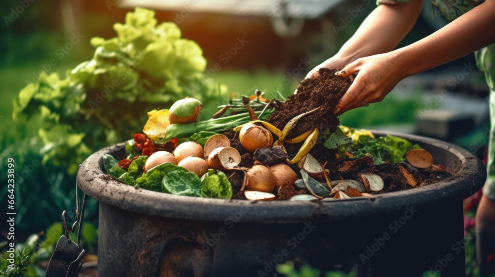 A woman composting food waste. Outdoor compost bin for reducing kitchen waste. Environmentally responsible, ecology.