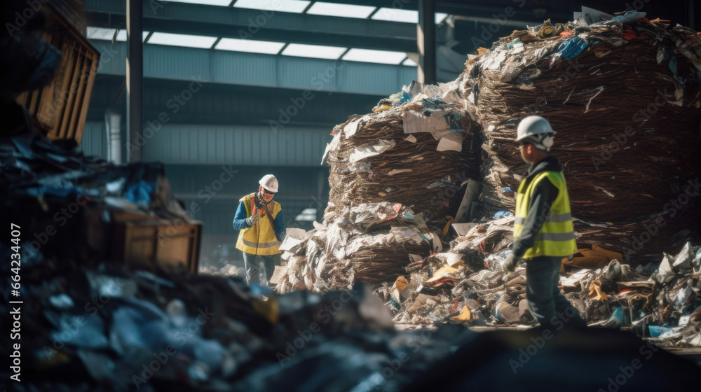 Workers in safety gear sorting through a pile of recyclable materials in the waste separation factory.