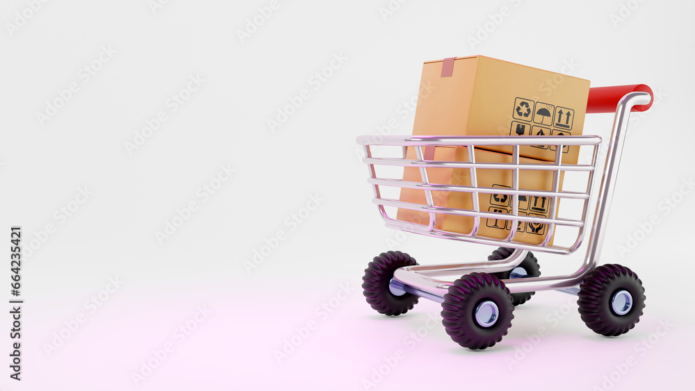 3D rendering of a shopping cart with parcel box, sell products, Delivery and shopping online concept