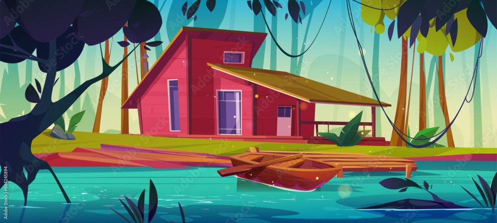 House in forest near lake cartoon background illustration. Summer cabin exterior near river. Rural shack construction near wooden dock in jungle. Small cottage on riverside for adventure picture