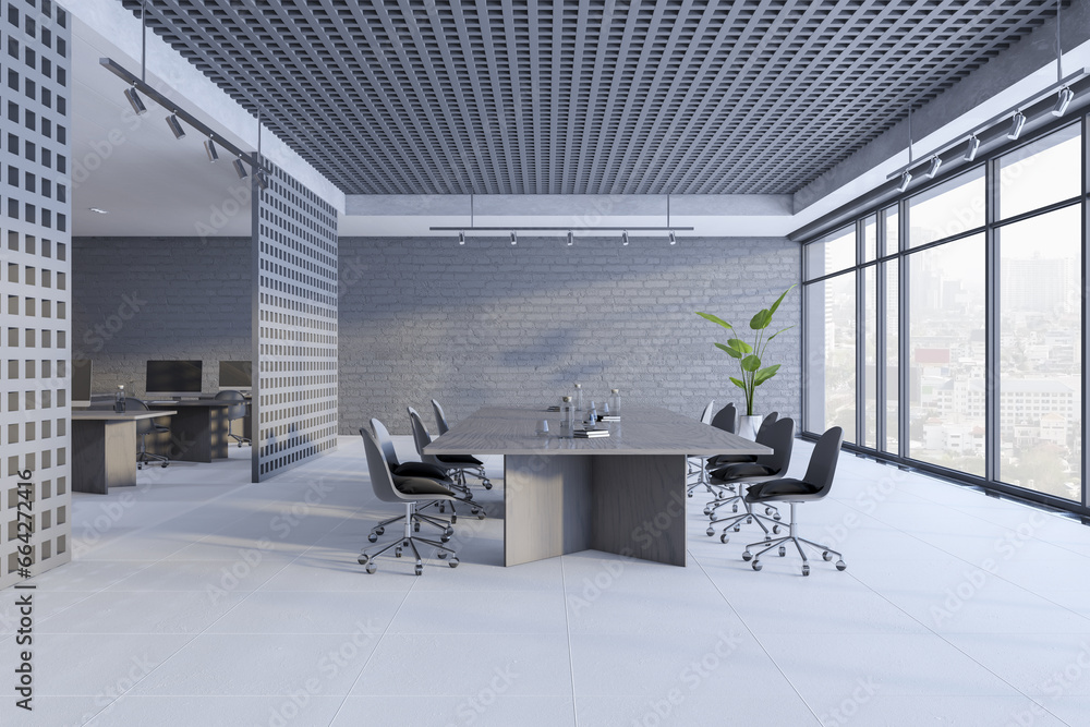 Clean coworking office interior with window and city view, furniture, other objects and daylight. 3D Rendering.