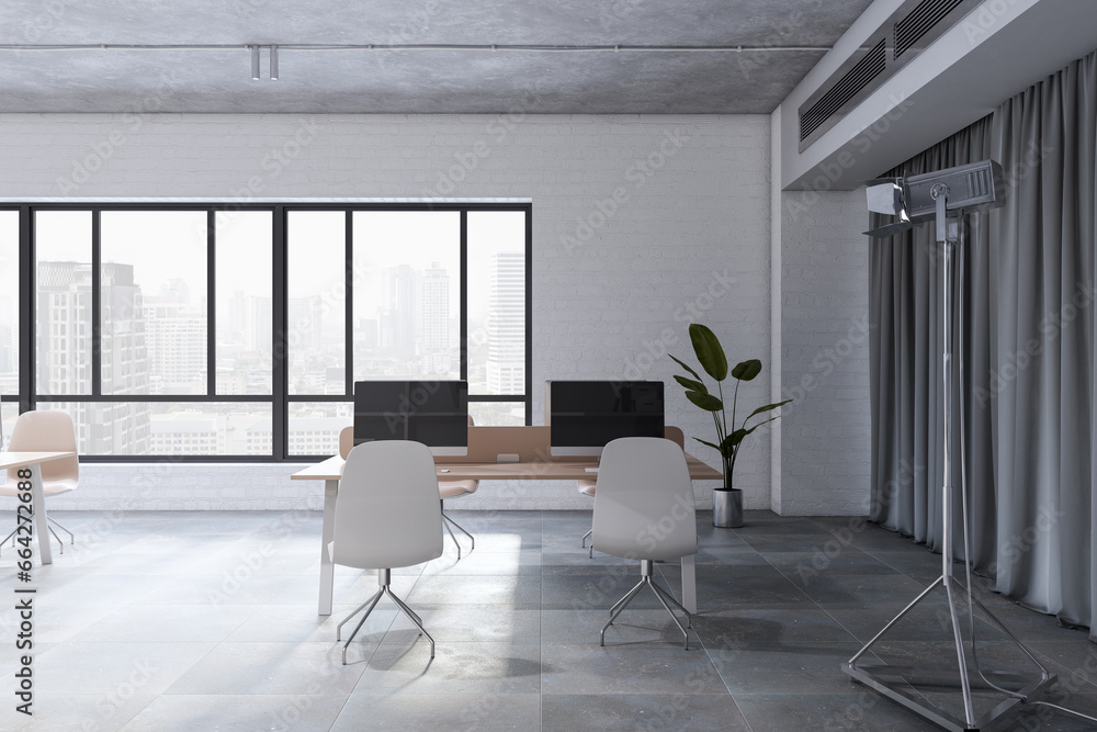 Modern office interior with furniture, curtain, window with city view and concrete flooring. 3D Rendering.