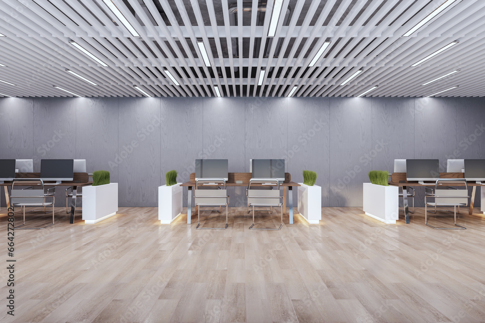 Modern coworking office interior with wooden flooring, furniture and plant partitions. 3D Rendering.