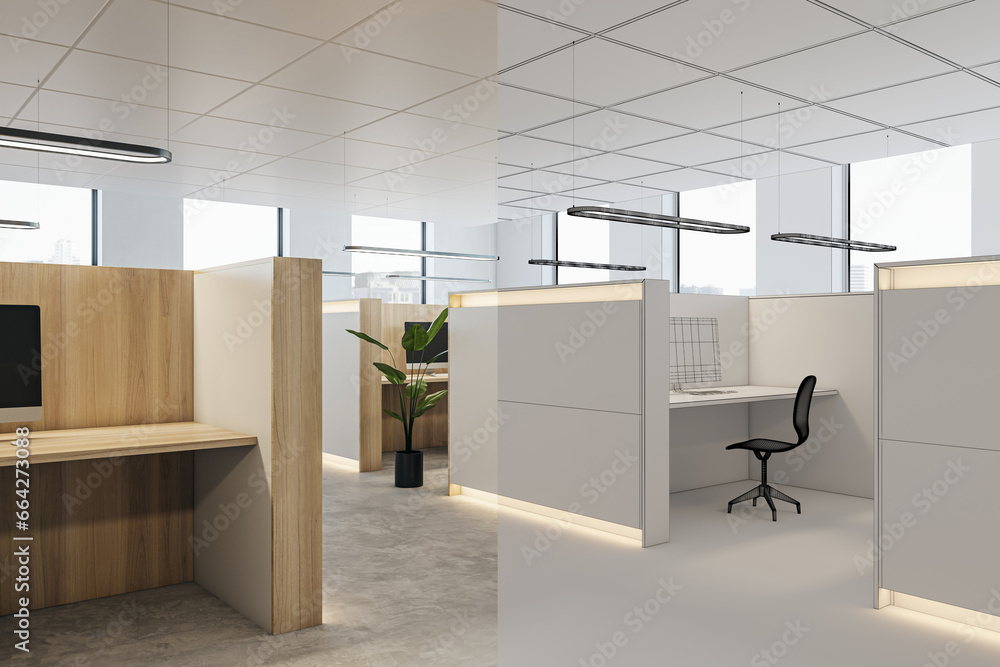 Coworking office interior sketch project with partitions and workplaces, window with city view and daylight. 3D Rendering.