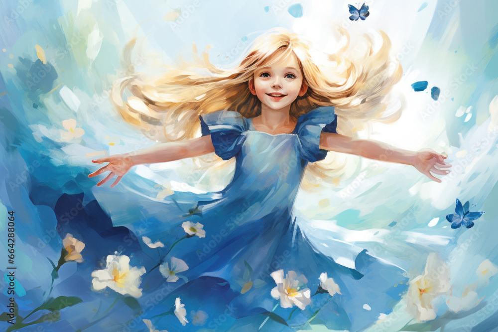 Cute little princess in blue dress with Flowers and butterflies