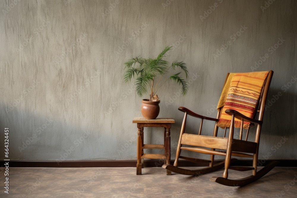 grandmas wooden rocking chair against a wall