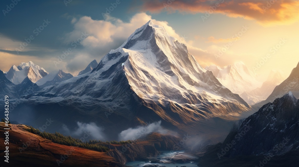  a painting of a mountain range with a river running through it.  generative ai