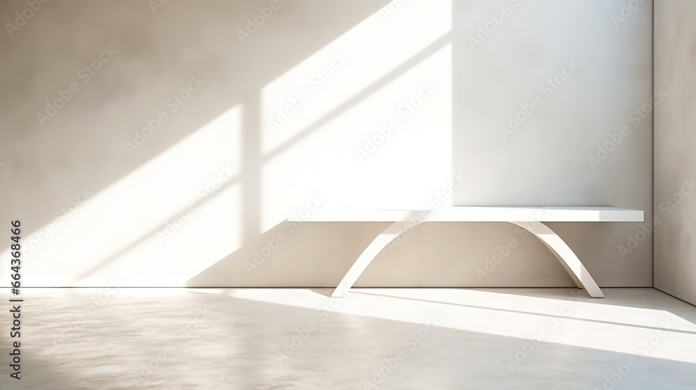 White empty room with table, light background with shadows, sunlight Minimalistic concept. Generative AI