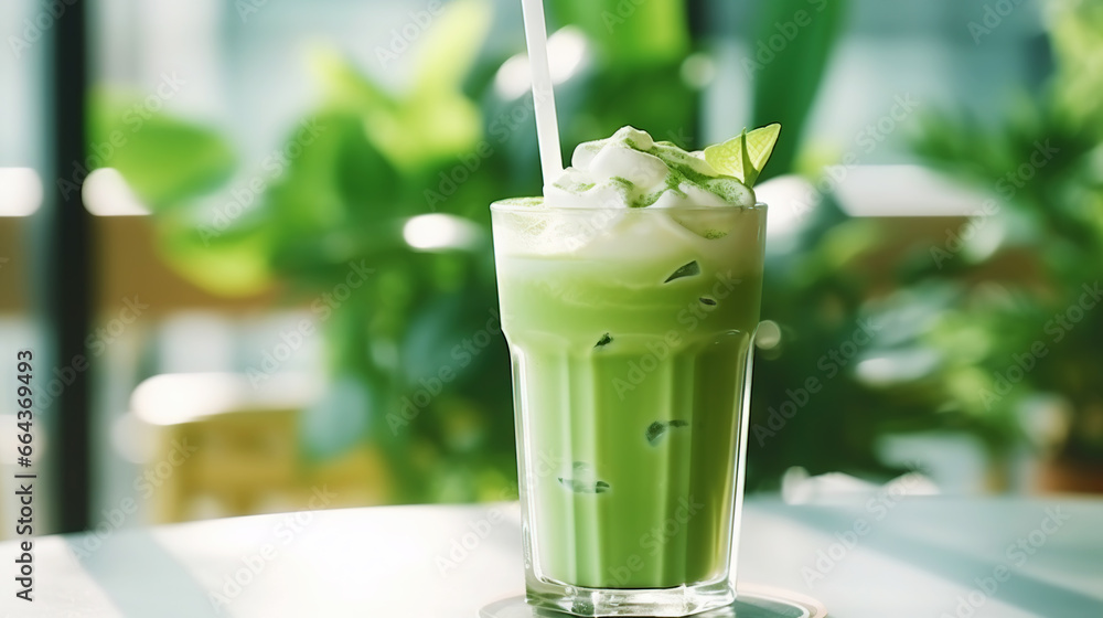 Closeup of iced matcha latte in a stylish glass on sunny background in front of the window in a cafe. Generative AI