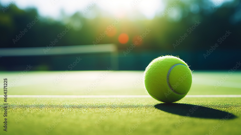 Closeup of tennis ball on empty court. Tennis match on sunny day. Concept of a sporty lifestyle. Generative AI