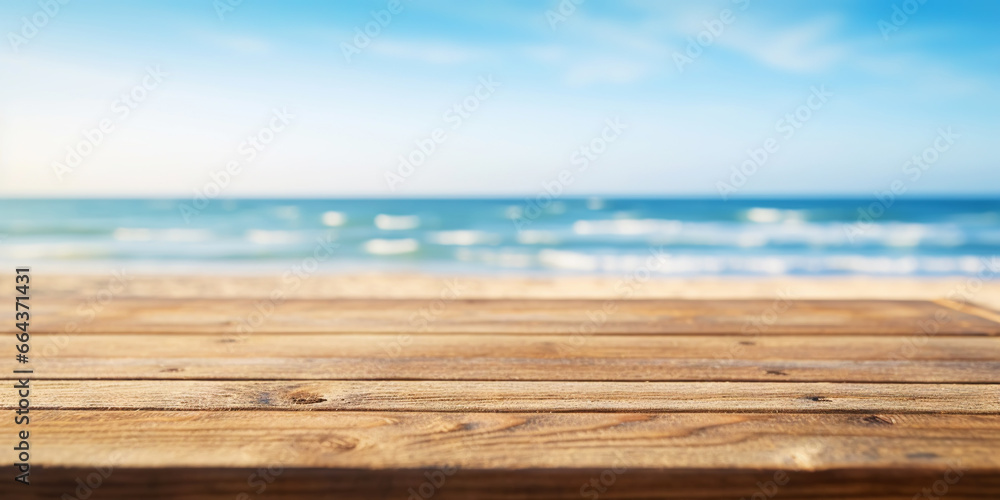 Wood table mockup with blue soft sky background. Empty copy space for product presentation. Generative AI