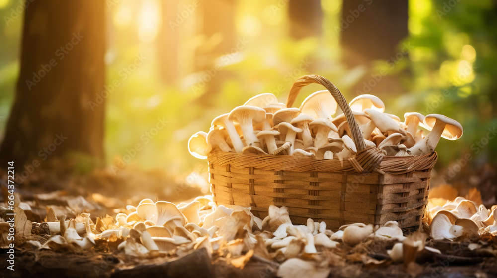 Oyster mushrooms in a wooden basket on a blurred background of the autumn forest. Generative AI