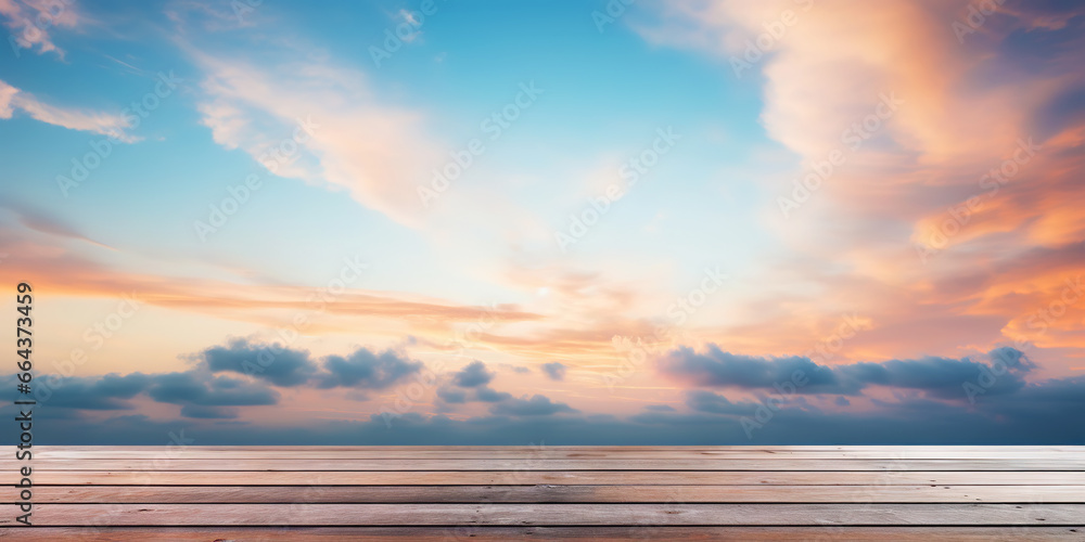 Wood table mockup with sunrise majestic sky background. Empty copy space for product presentation. Generative AI