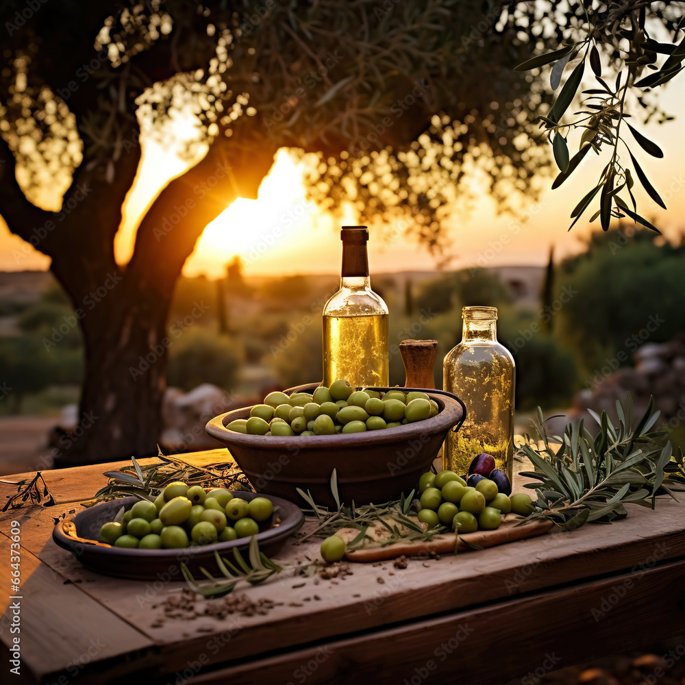 Bottles with organic olive oil and olives on a wooden table on the background of sunset in an farm garden. Generative AI