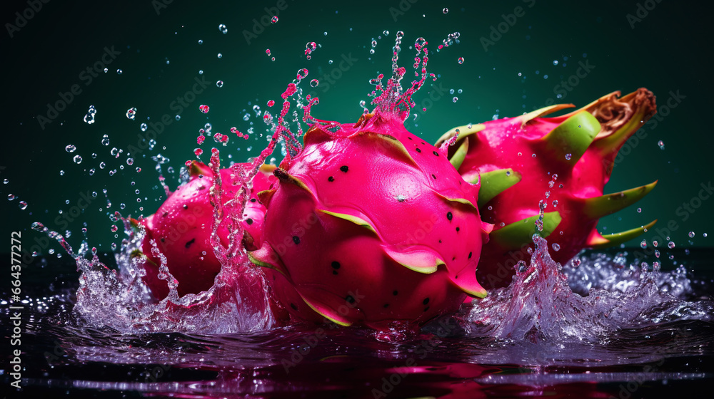 Fresh pitaya with water splashes on dark background. Generative AI