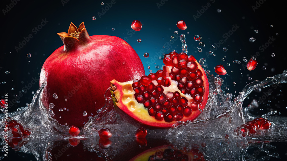 Fresh pomegranates with water splashes on black background. Generative AI