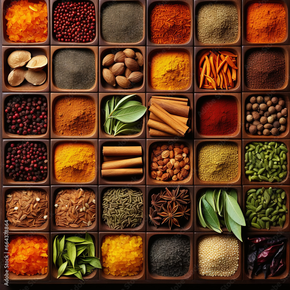 Collection of different aromatic spices and seeds in a wooden cells on black background, view from above. Generative AI