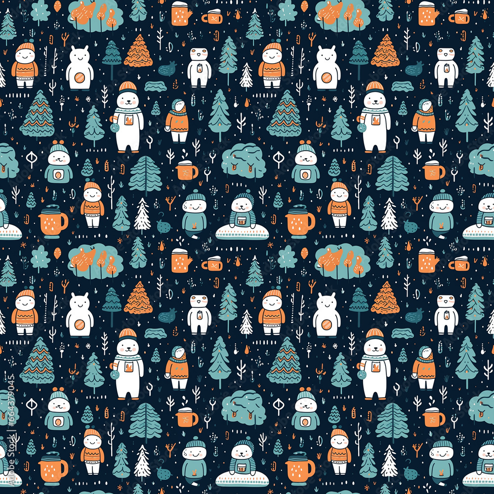 winter doodle cute background seamless pattern