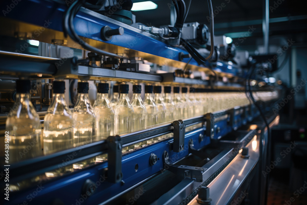 Close-up of beverage production line with industrial equipment.