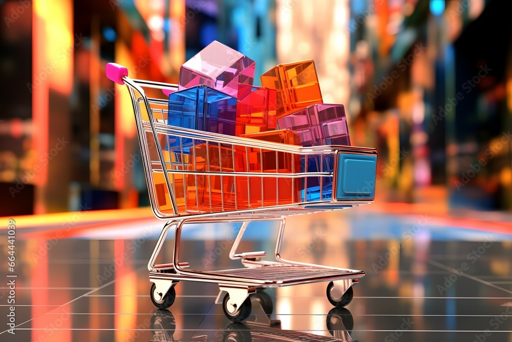 a fully filled shopping cart with a colorful city background