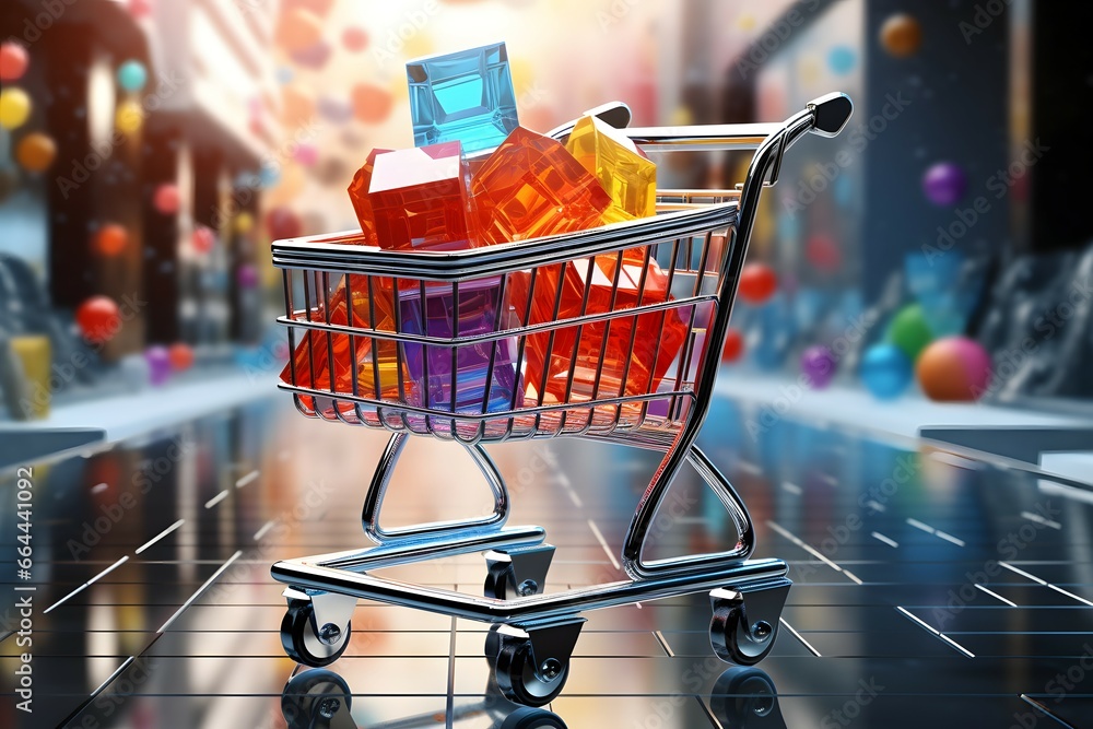 a fully filled shopping cart with a colorful city background