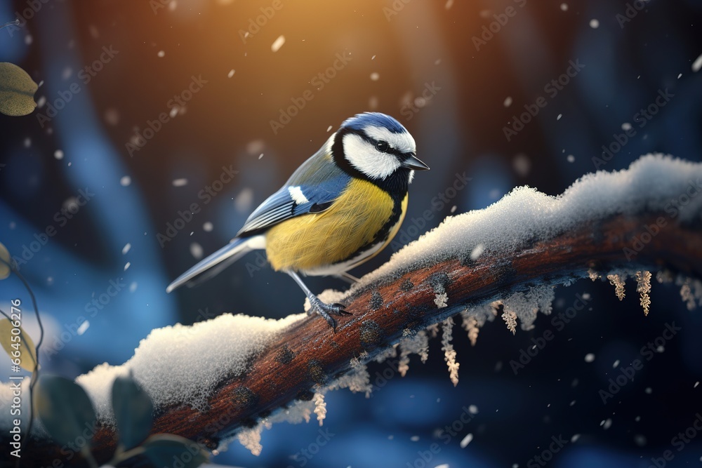 Bird Blue Tit in forest, snowflakes and nice lichen branch.