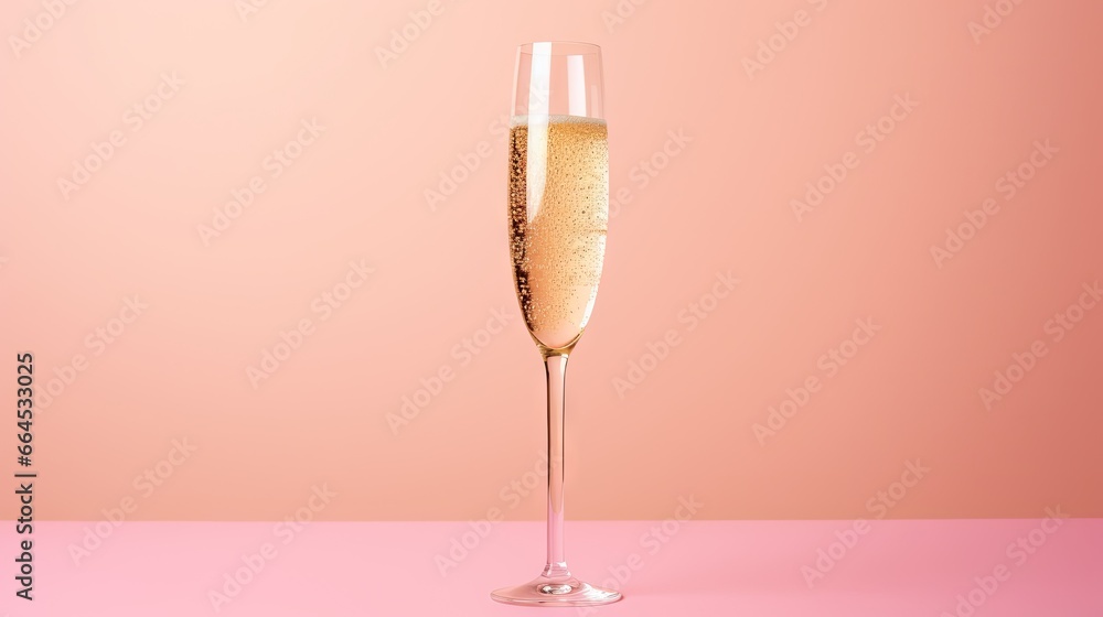  a glass of champagne on a pink surface with a pink background.  generative ai