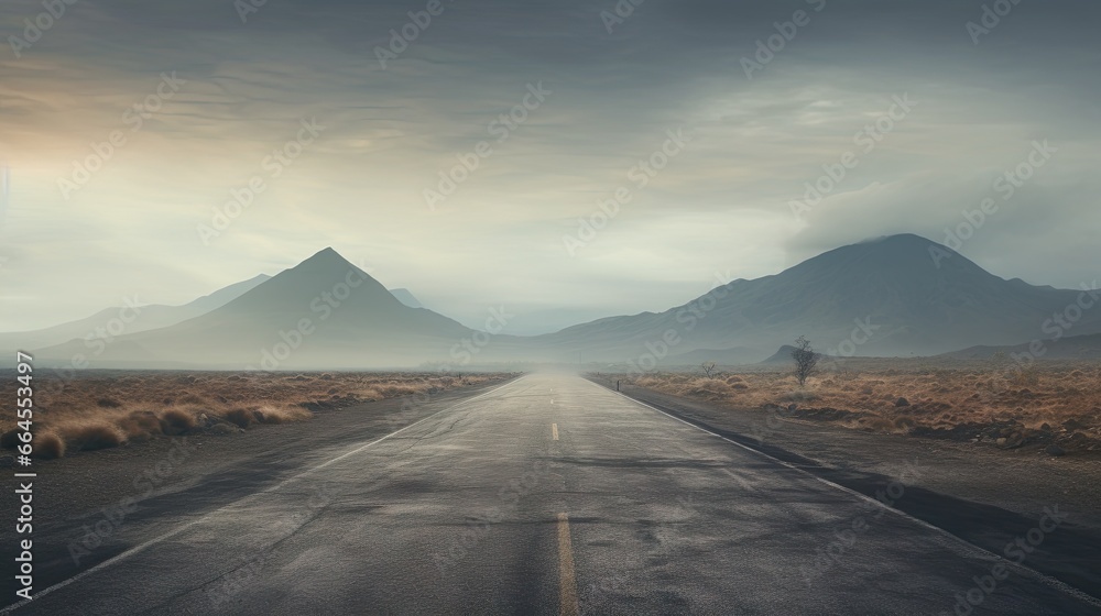  a long empty road in the middle of a desert with mountains in the background.  generative ai