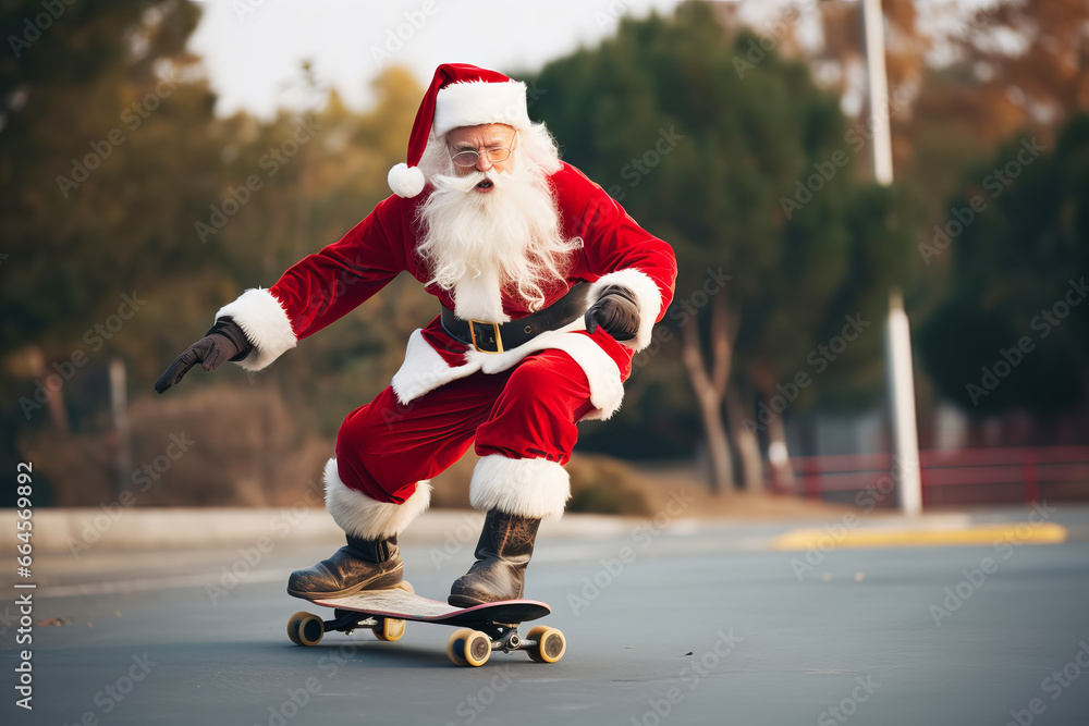 Modern Santa Claus races on a skateboard to celebrate Christmas