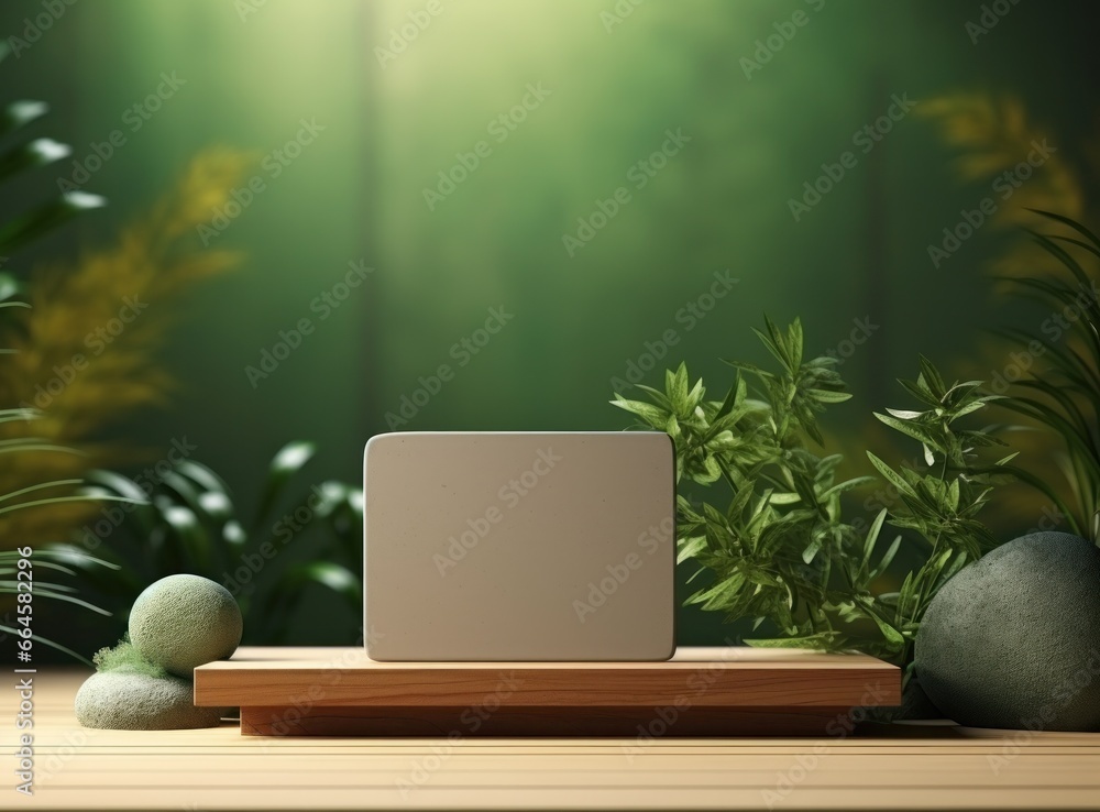 Empty wooden podium on natural background