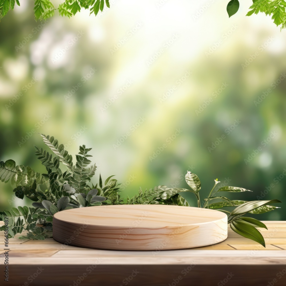 Empty wooden podium on natural background