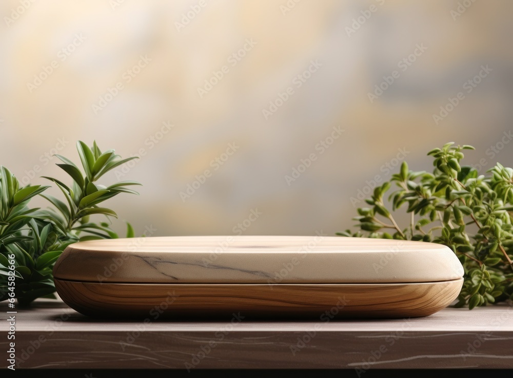 Empty wooden podium on natural background