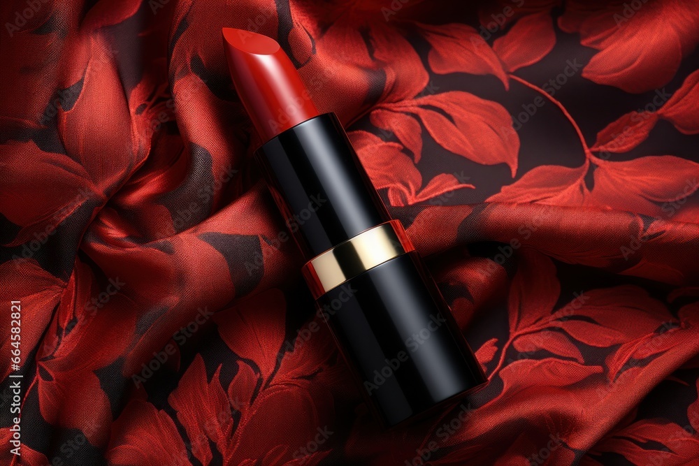 Red lipstick on silk background