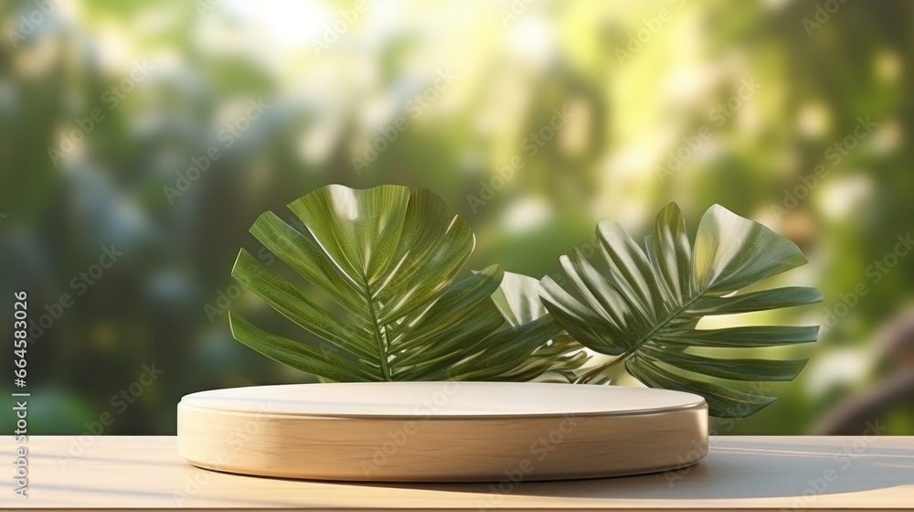 Empty wooden podium on natural background