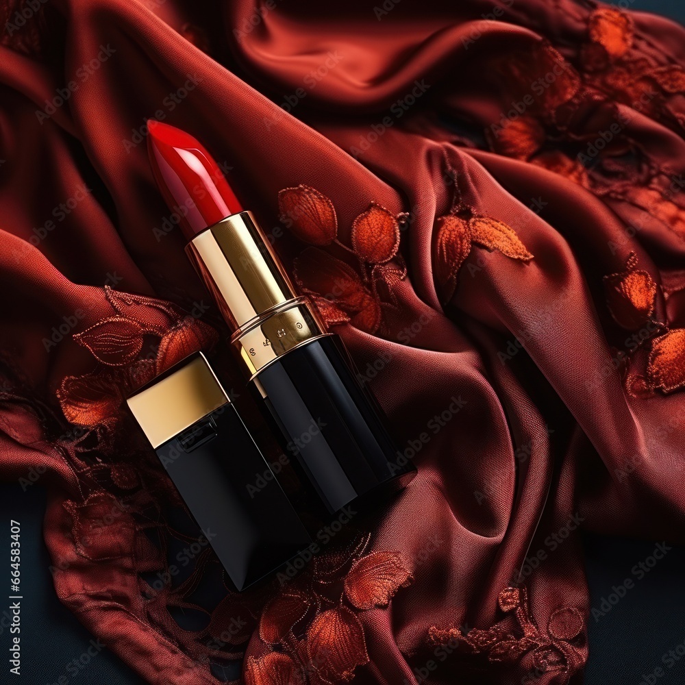 Red lipstick on silk background