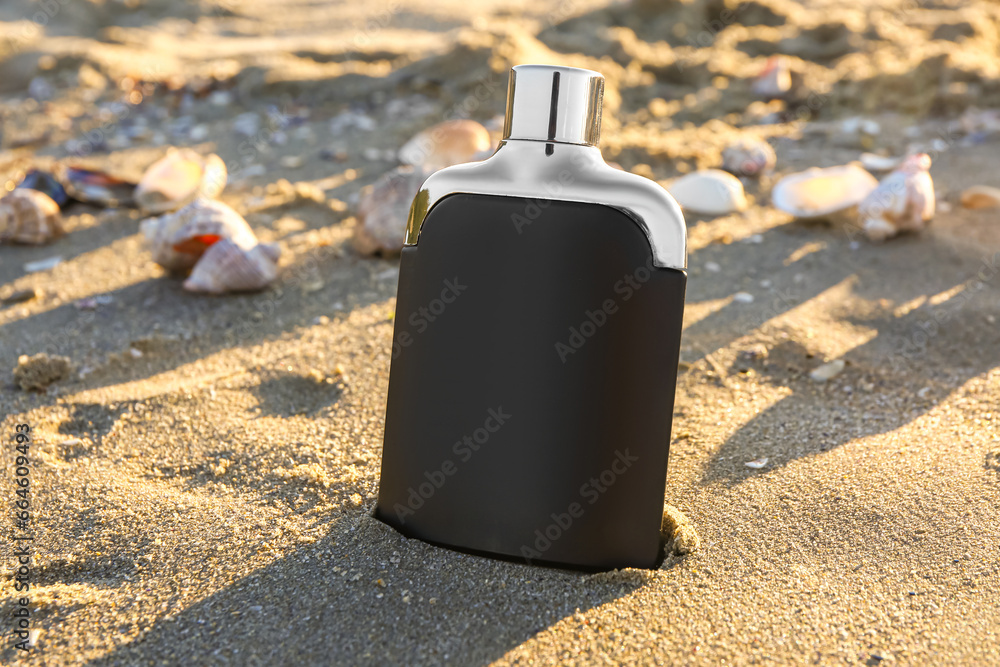 Black perfume bottle and seashells on beach sand, closeup