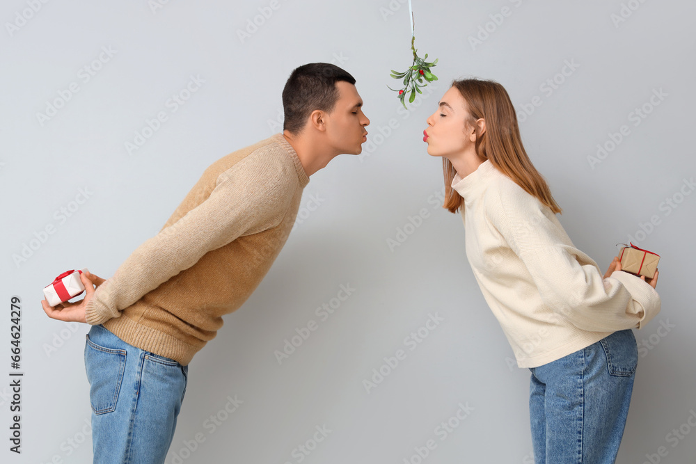 Young couple kissing under mistletoe branch on light background