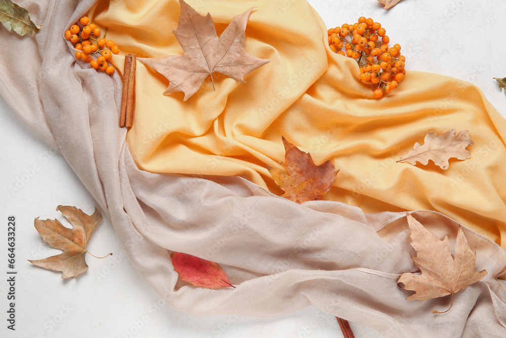 Autumn leaves with rowan on white background