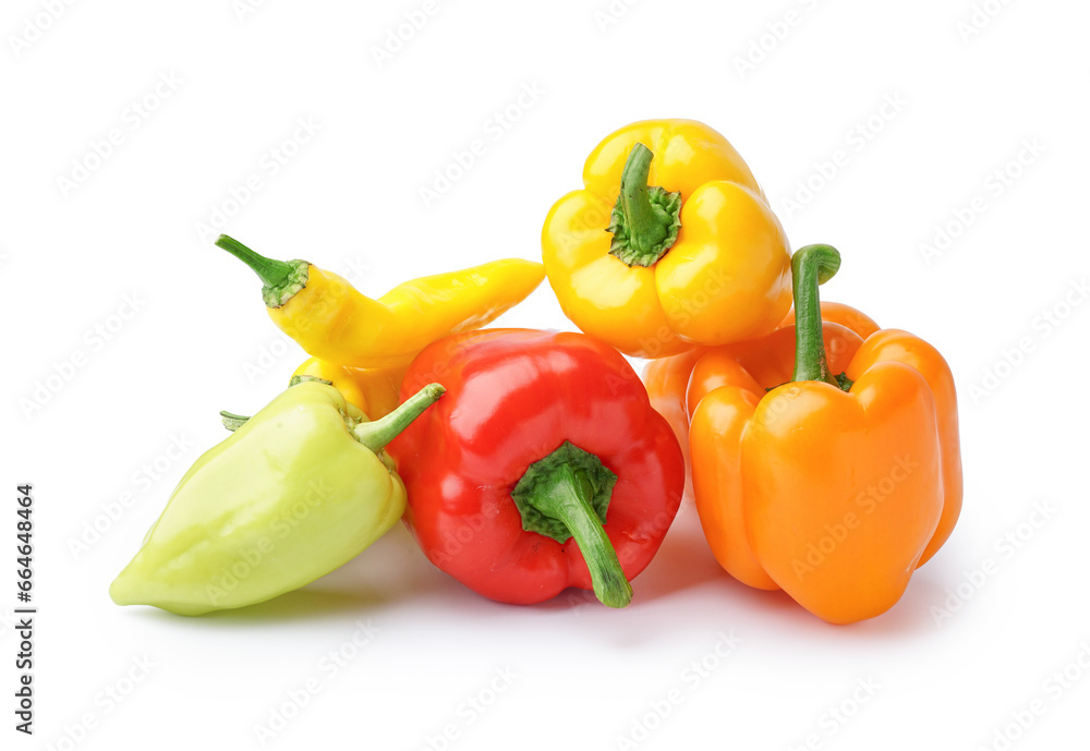 Colorful chili and bell peppers on white background.