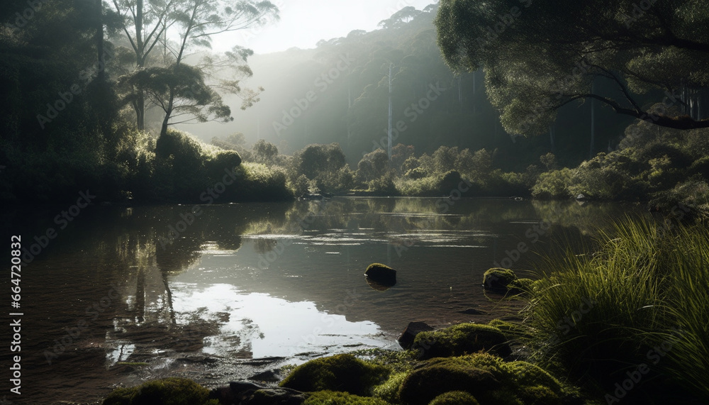 Tranquil scene of a green forest reflecting in a peaceful pond generated by AI