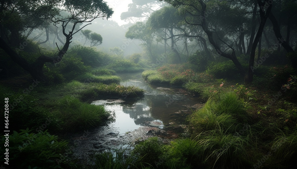 Tranquil scene: foggy forest, flowing water, green meadow, mysterious mountain generated by AI