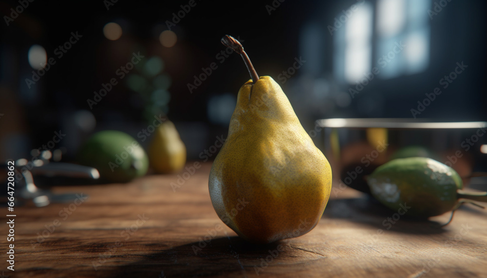 Freshness and nature on a wooden table, ripe and healthy fruit generated by AI