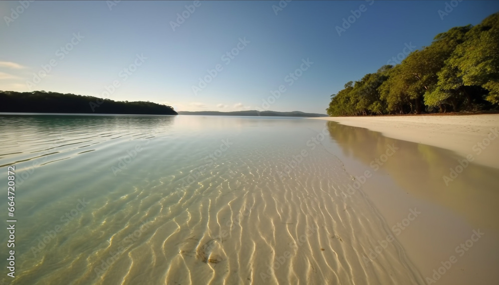 Tranquil scene: blue wave reflects sunset over sandy coastline generated by AI