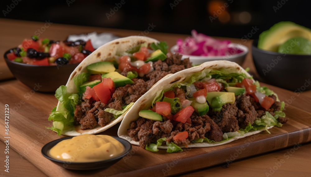 Grilled beef taco with guacamole, tomato, and fresh cilantro generated by AI