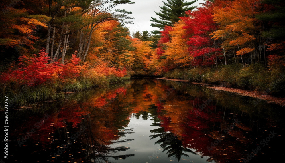 Vibrant autumn landscape, reflecting colorful trees in tranquil water generated by AI